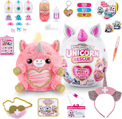 Rainbocorns Unicorn Rescue Surprise, DJ - Pelúcia colecionável - Ovo gigante, mais de 25 surpresas dentro, 35 cm, bicho de pelúcia fofinho, anéis, adesivos, acessórios vestíveis (DJ Unicorn)