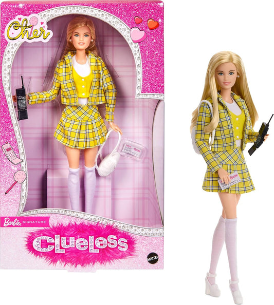 Barbie Signature Doll, Clueless Cher Collectible em terno xadrez amarelo com mochila, celular e acessórios de carteira de habilitação provisória, JBJ34