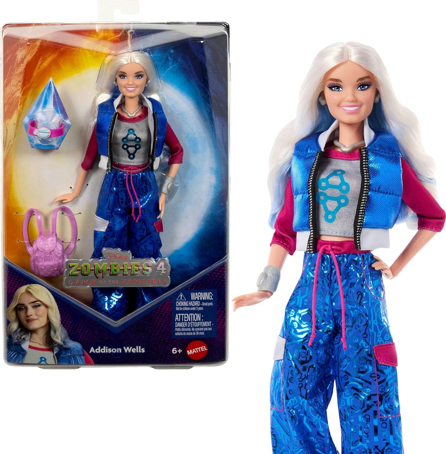 Mattel Boneca Fashion Addison Wells Disney Zombies 4: Dawn of the Vampires, com Roupa Removível e 6 Acessórios, Inspirada no Filme, JFG32