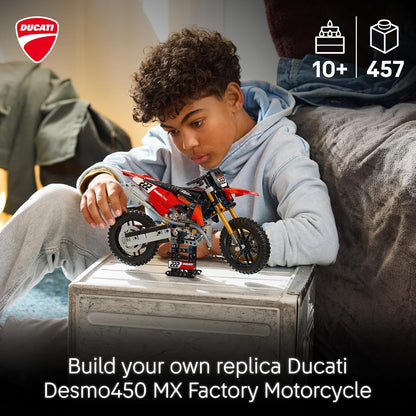 LEGO Kit de Modelo de Moto Technic Ducati Desmo450 MX Factory – inclui moto de brinquedo com motor de cilindro e suspensão – Decoração de mesa – Presente colecionável para meninos a partir de 10 anos – 42238