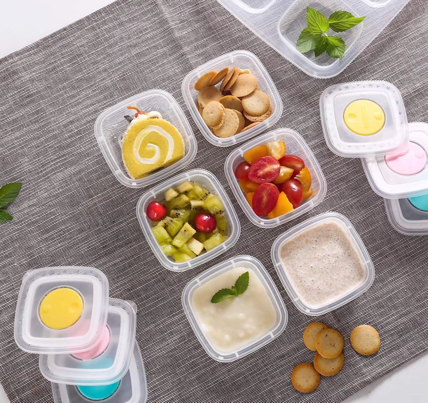PandaEar Conjunto de 12 Potes Plásticos para Alimentos e Lanches Infantis com Tampas, Livres de BPA, Seguros para Freezer e Lava-louças.