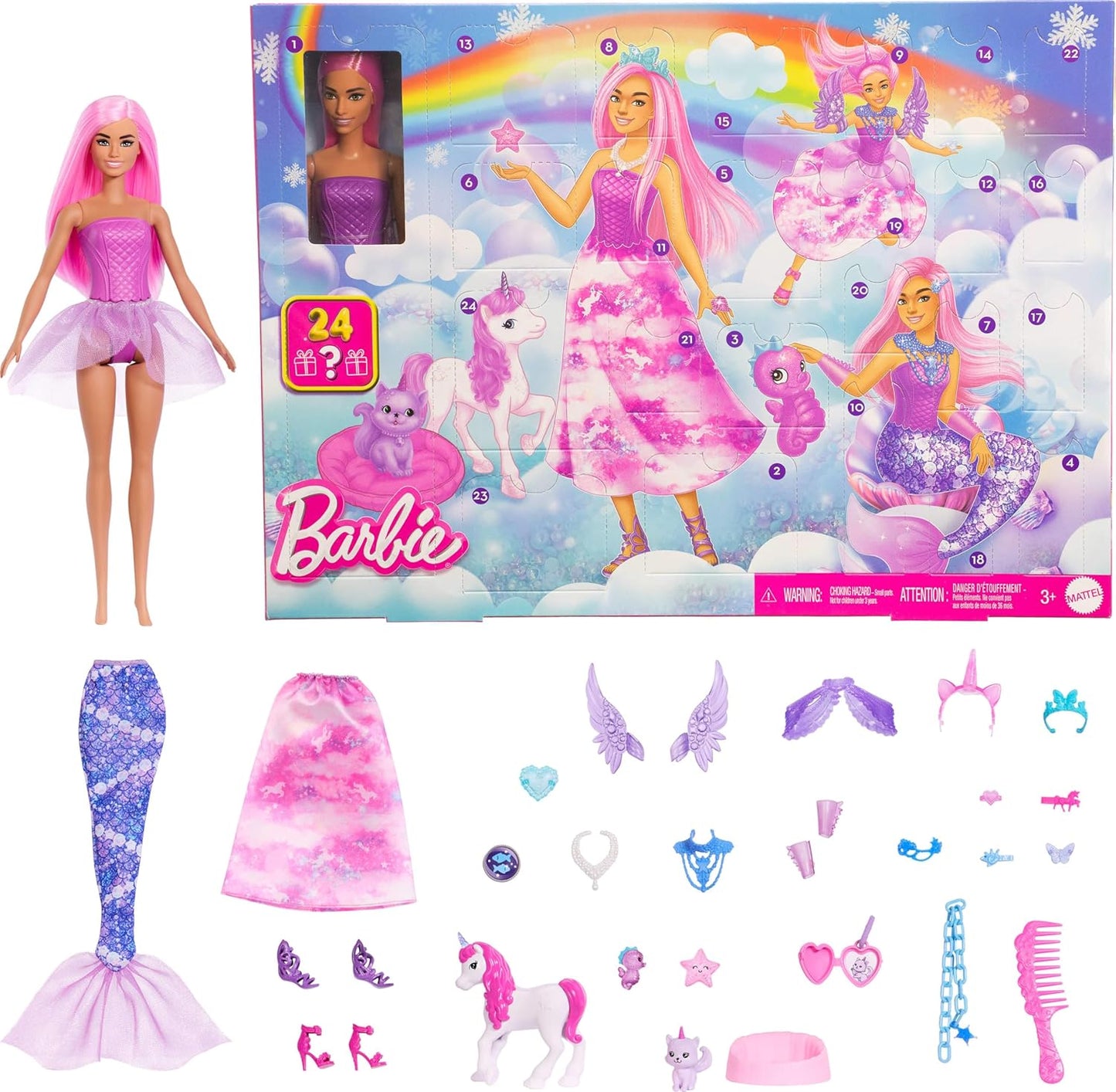 Barbie Calendário do Advento da com boneca e 24 acessórios surpresa, incluindo unicórnio e animais de estimação. Transforme a boneca em sereia, fada e muito mais! JFL66