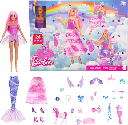 Barbie Calendário do Advento da com boneca e 24 acessórios surpresa, incluindo unicórnio e animais de estimação. Transforme a boneca em sereia, fada e muito mais! JFL66