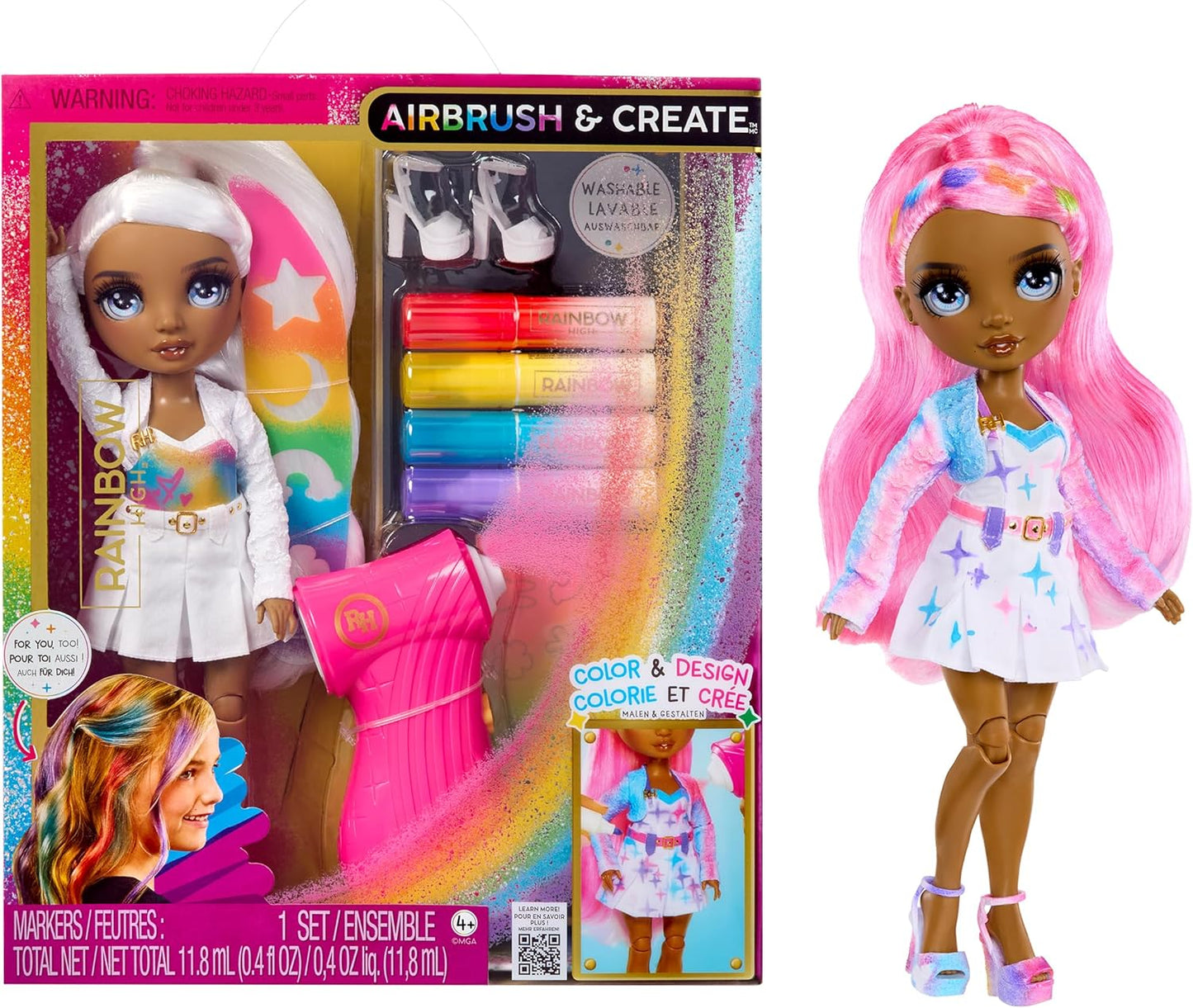 Rainbow High Air Brush & Create - 1 boneca fashion faça você mesmo com kit de aerógrafo, marcadores laváveis com efeito arco-íris, cabelo comprido, olhos cinzentos, brincadeira criativa para crianças de 4 a 12 anos ou mais.