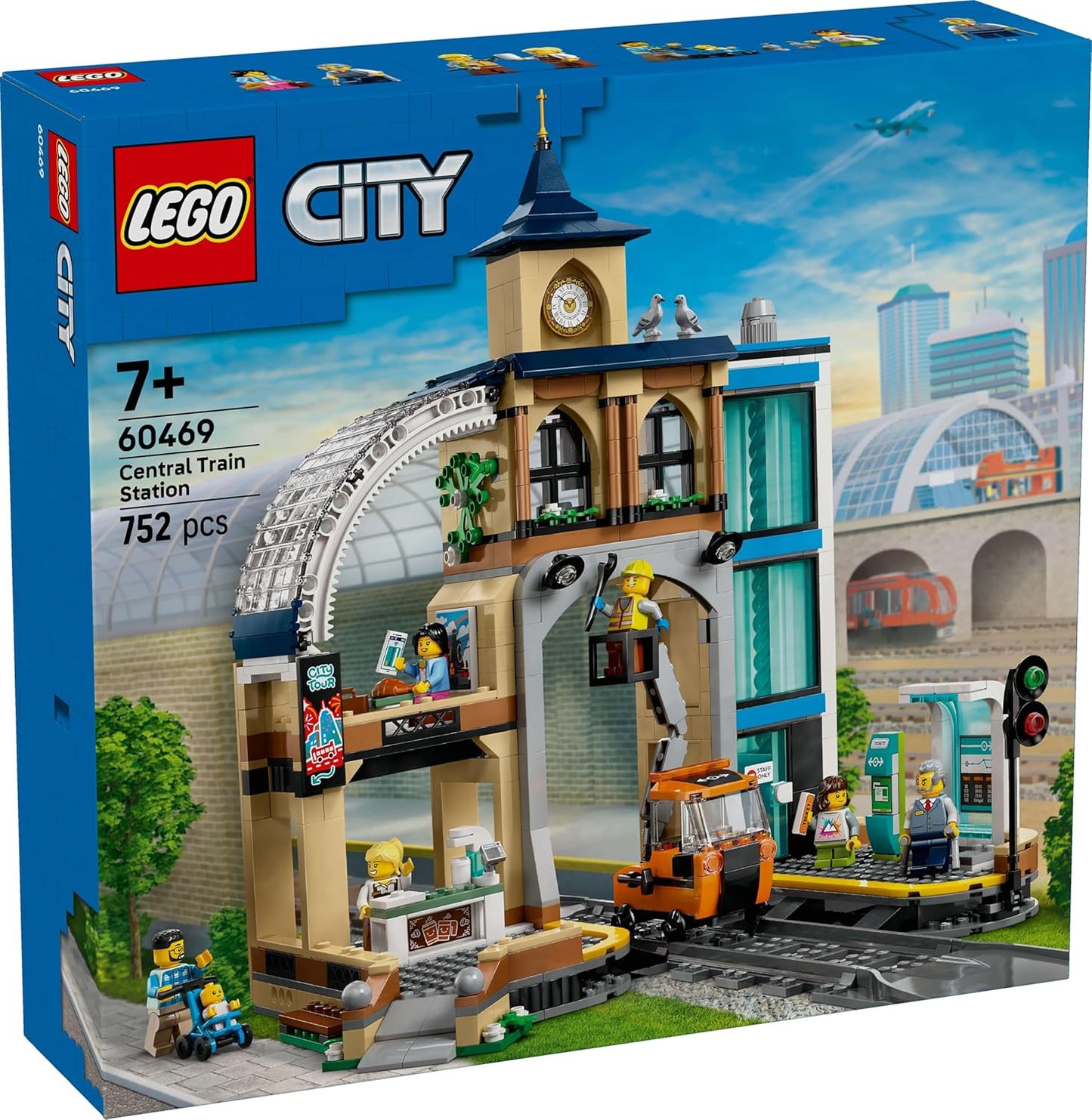 LEGO Conjunto City Estação Central de Trem com um veículo de manutenção, elevador funcional, máquina de bilhetes, 2 plataformas e uma peça de trilho, além de 6 minifiguras - Presente para meninos e meninas a partir de 7 anos - 60469