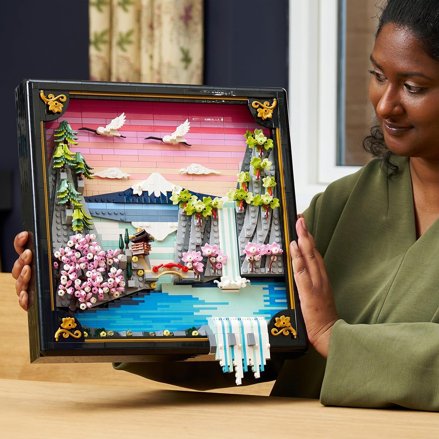LEGO Art Paisagem de Cerejeiras Japonesas em Flor - Kit de Modelo em Miniatura DIY para Adultos - Arte de Parede 3D em Moldura Caixa com Monte Fuji, Sakura e Cachoeira Texturizada - Ideia de Presente - 31218