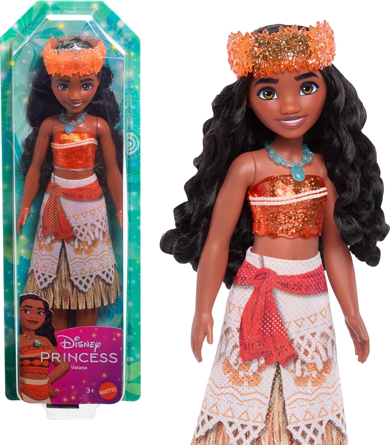 Mattel Bonecas Disney Princess da , Boneca Fashion Articulada Moana com Roupa e Acessórios Brilhantes, Brinquedos do Filme da Disney, HLW05, Traje Laranja | Visual Fashion Brilhante com Saia, Tiara e Colar Removíveis, Articulada e Colecionável,