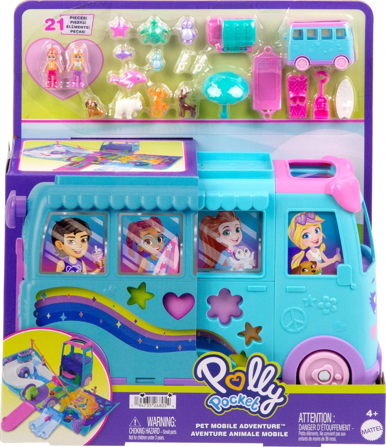 Polly Pocket Micro Dolls e veículo camper van transformador, acessórios incluem animais de estimação e carro de brinquedo, conjunto de jogos de aventura móvel para animais de estimação, JCC22