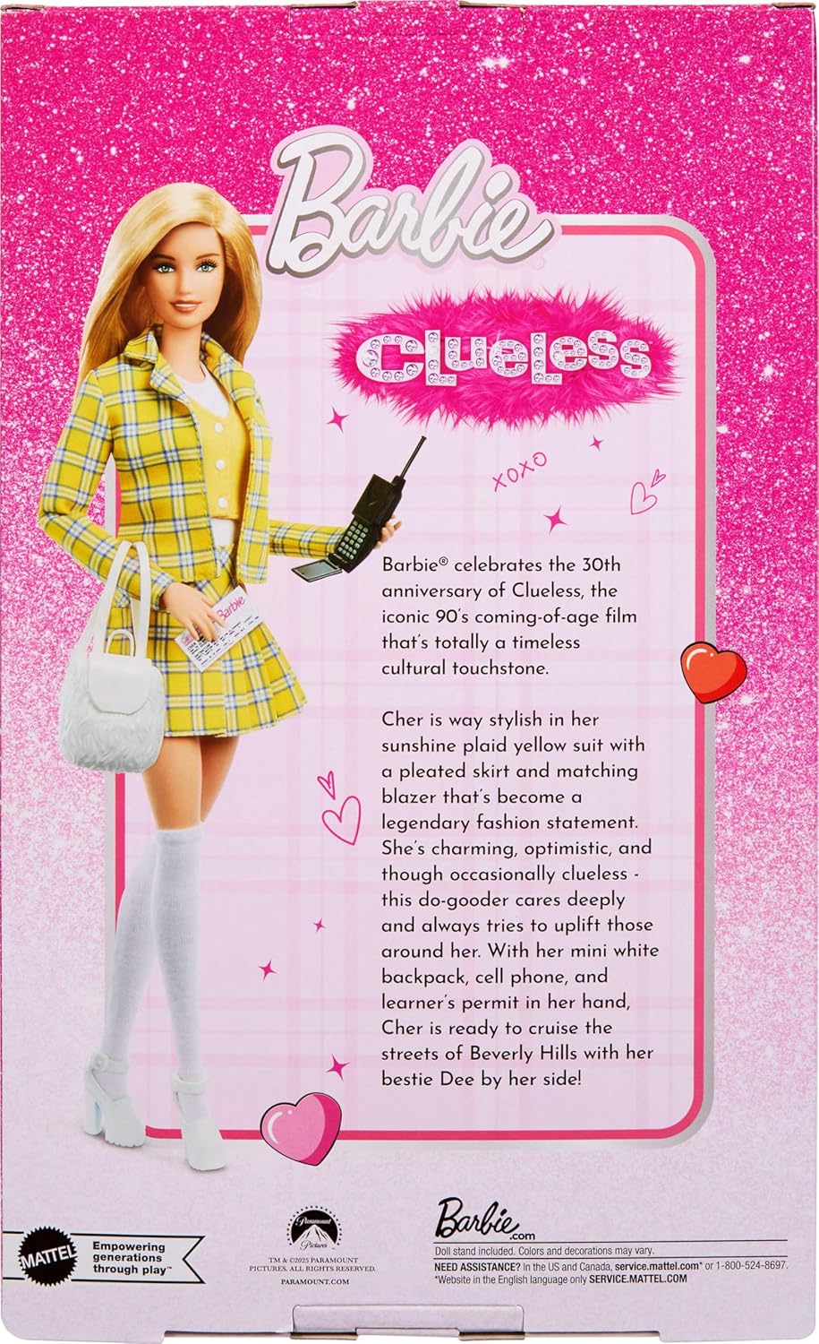 Barbie Signature Doll, Clueless Cher Collectible em terno xadrez amarelo com mochila, celular e acessórios de carteira de habilitação provisória, JBJ34