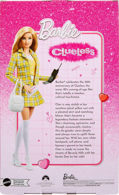 Barbie Signature Doll, Clueless Cher Collectible em terno xadrez amarelo com mochila, celular e acessórios de carteira de habilitação provisória, JBJ34
