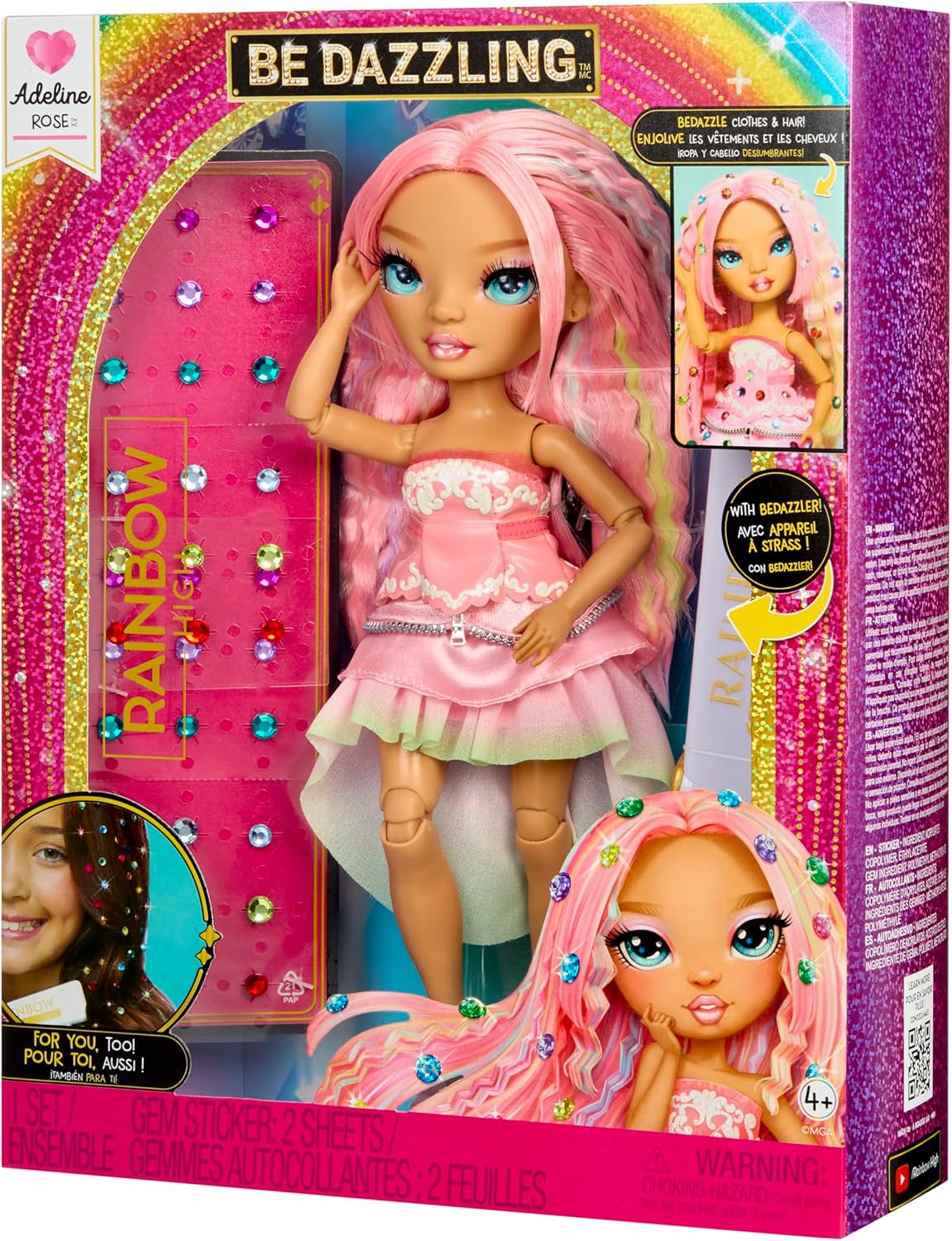 Rainbow High Be Dazzling - Adeline Rose - Boneca Fashion Rosa de 28cm com Ferramenta para Aplicar Brilho, Gemas Brilhantes e Acessórios de Estilo