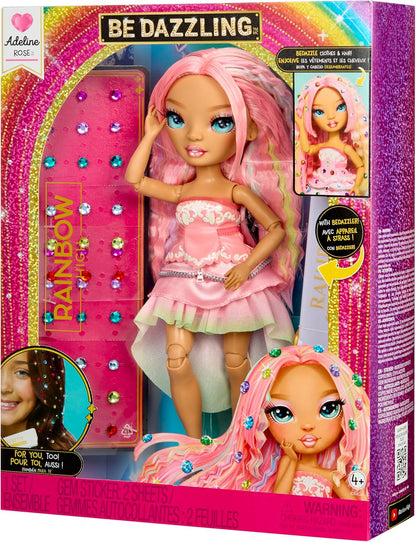 Rainbow High Be Dazzling - Adeline Rose - Boneca Fashion Rosa de 28cm com Ferramenta para Aplicar Brilho, Gemas Brilhantes e Acessórios de Estilo