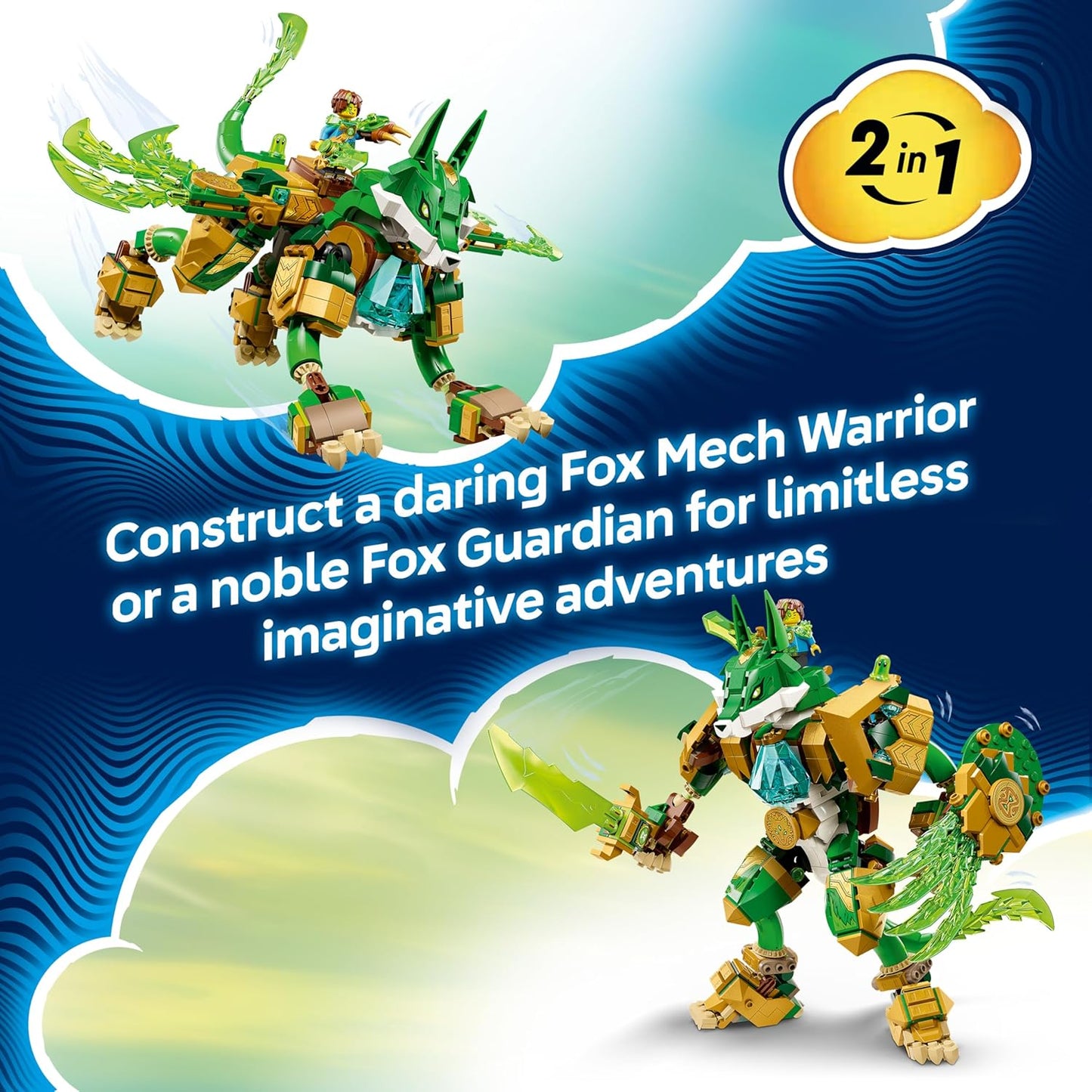 LEGO DREAMZzz 2 em 1 Raposa Guardiã Mecânica - Figura de Ação que se Transforma em uma Raposa Guerreira - Inclui 3 Minifiguras e uma Criatura Verde Colecionável do Tesouro - Presente para Meninos a partir de 9 Anos - 71508