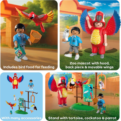 Playmobil | Animais e Amigos | Mascote do Zoológico | Homem fantasiado de papagaio com 3 aves tropicais | brinquedo infantil para crianças a partir de 4 anos | 72074