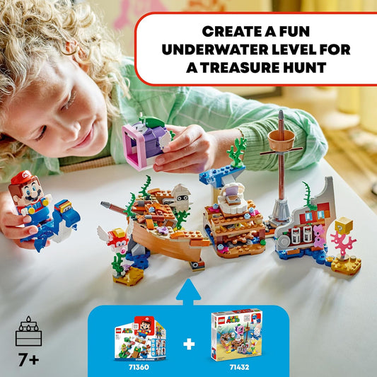 LEGO Conjunto de expansão de aventura Sunken Shipwreck de Super Mario Dorrie, brinquedo colecionável para meninos, meninas e crianças de 7 anos ou mais com figuras de personagens de jogos Cheep Cheep e Blooper, presente para jogadores 71432