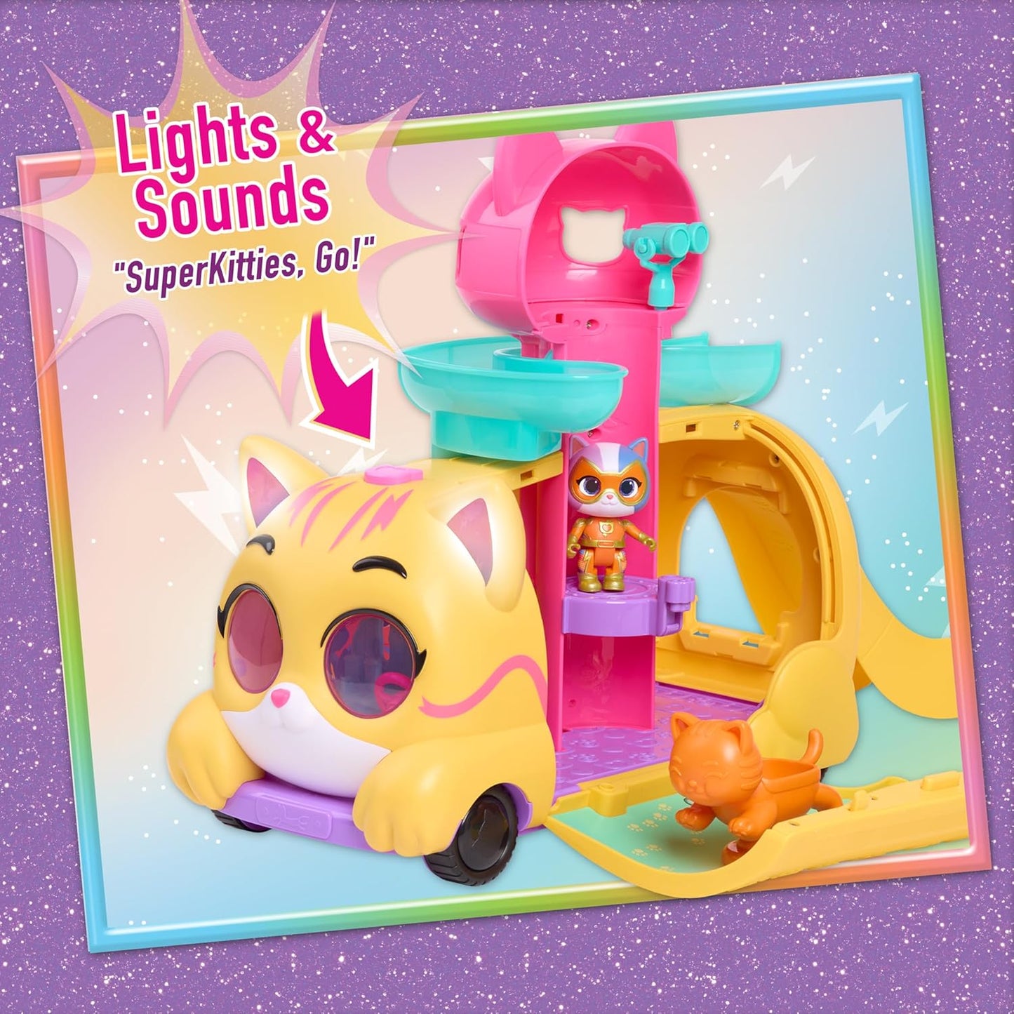 Just Play Disney Conjunto de brinquedos Junior SuperKitties Purr ‘N’ Go com luzes e sons, 10 peças, figuras articuladas, brinquedo infantil para crianças a partir de 3 anos.