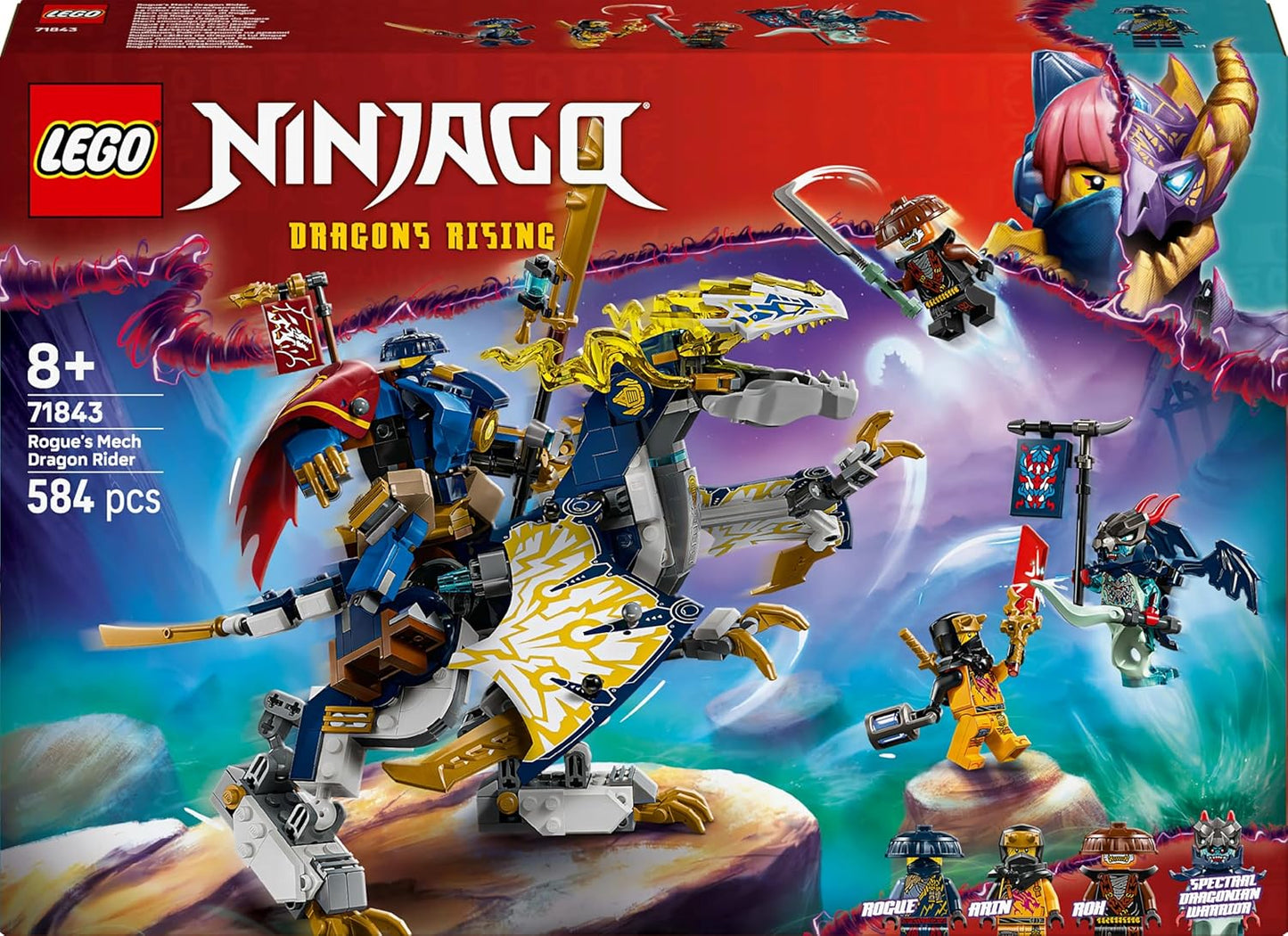 LEGO NINJAGO Rogue's Mech Dragon Rider - Brinquedo Ninja com Figuras Articuláveis de Dragão e Robô - 4 Minifiguras, incluindo Lloyd e Arin e uma Espada Reveladora - Presente para meninos a partir de 8 anos e fãs de Dragons Rising - 71843
