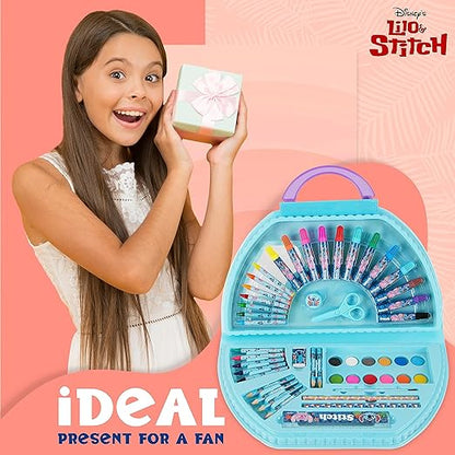 Disney Stitch Kids Art Set 40 Plus Peças Disney Princesas Crianças Colorir Conjuntos Tintas Lápis de Cor Marcadores Giz de Cera Artigos de Arte de Viagem Presentes para Crianças (Conjunto de Ponto Azul)