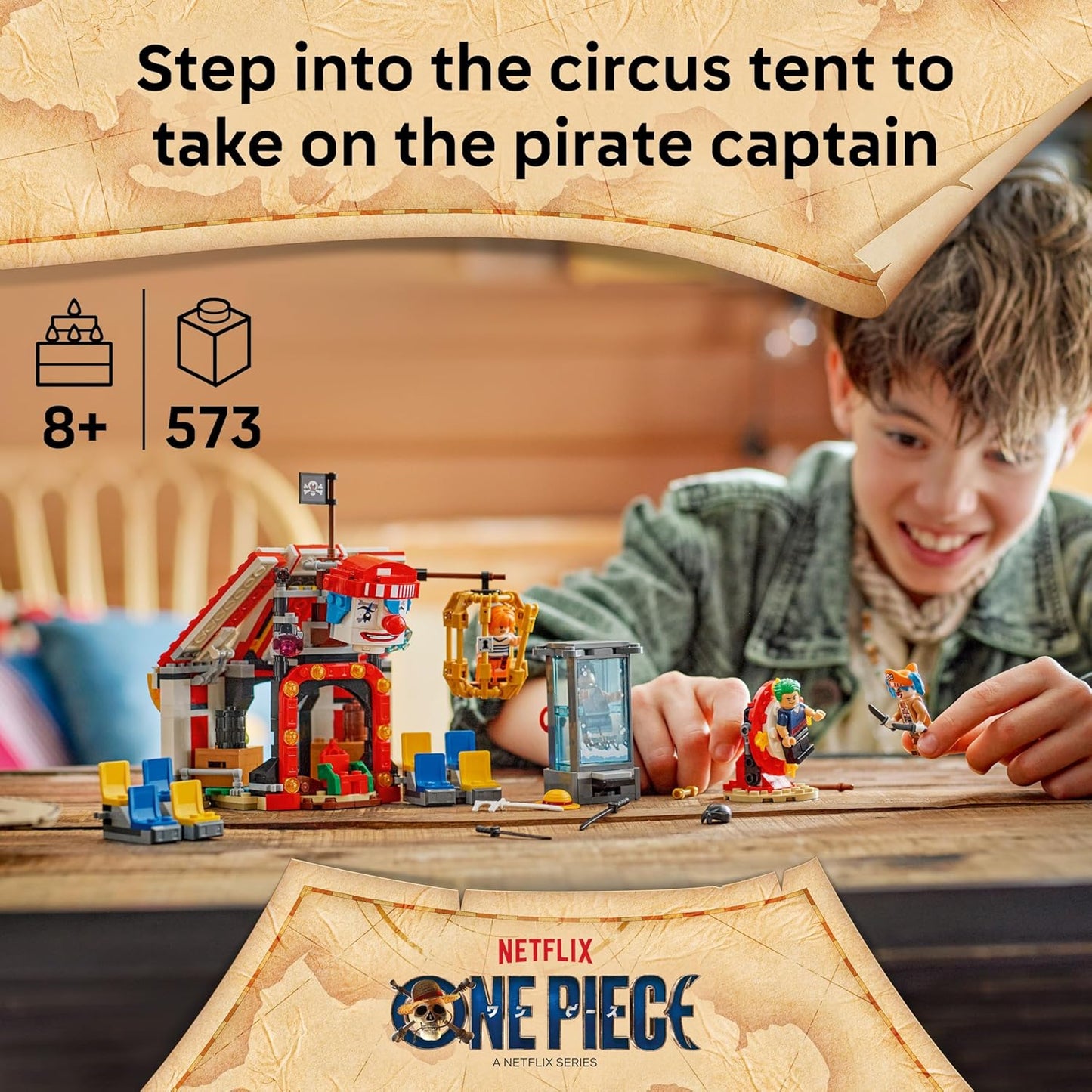 LEGO ONE PIECE Tenda de Circo do Buggy, o Palhaço - Brinquedo Interativo com 4 Minifiguras, incluindo Luffy, Nami e Zoro, além de 2 Cartazes de Procurado - Presente de Anime para Meninos, Meninas e Fãs a partir de 8 Anos - 75637