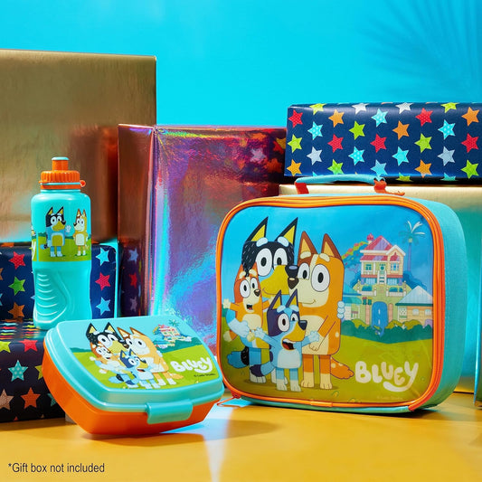 Bluey Juego de lonchera de 3 piezas con bolsa de almuerzo aislada, sin BPA, botella de agua de 430 ml - para preescolar, guardería, viajes o excursiones de un día - Juego de lonchera para niños
