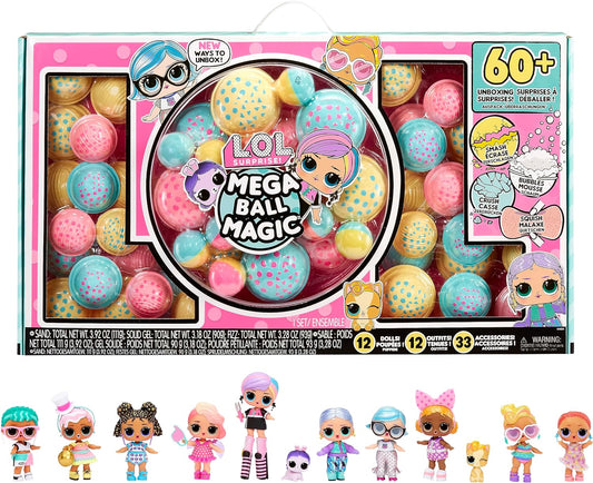 LOL Surprise Mega Ball Magic - 12 bonecos colecionáveis, mais de 60 surpresas, 4 experiências de desembalagem - Squish Sand, Bubbles, Gel Crush, Shell Smash - Misture e combine modas - Ótimo para meninas e meninos com mais de 3 anos