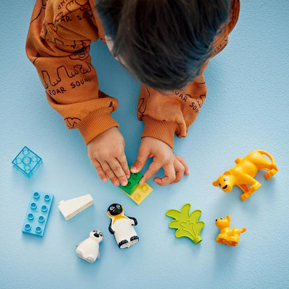 LEGO DUPLO Famílias de animais selvagens Brinquedo Montessori educacional de pinguins e leões para meninas e meninos de 2 anos ou mais, conjunto de construção Sparks