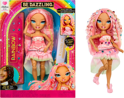 Rainbow High Be Dazzling - Adeline Rose - Boneca Fashion Rosa de 28cm com Ferramenta para Aplicar Brilho, Gemas Brilhantes e Acessórios de Estilo