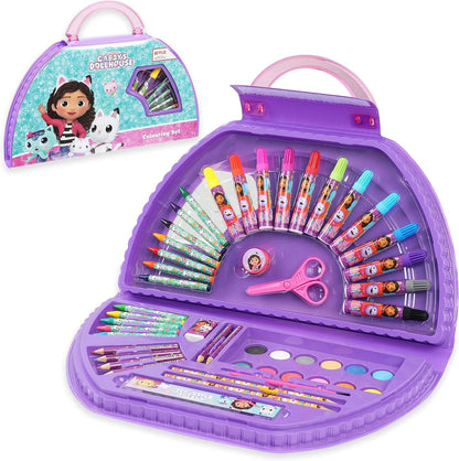 Gabby's Dollhouse Conjunto de Arte para Meninas com Lápis de Cor, Tintas, Canetas de Ponta de Feltro, Material Escolar e Artesanato para Crianças, Ideal para Pré-Escola e Viagens, Conjunto de Presente com Mais de 40 Peças