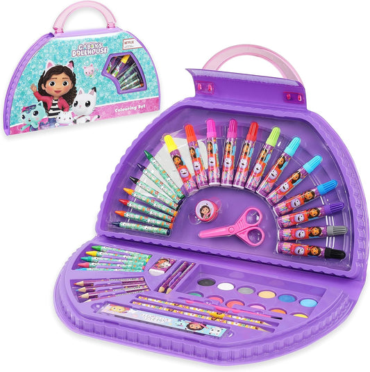 Gabby's Dollhouse Conjunto de Arte para Meninas com Lápis de Cor, Tintas, Canetas de Ponta de Feltro, Material Escolar e Artesanato para Crianças, Ideal para Pré-Escola e Viagens, Conjunto de Presente com Mais de 40 Peças