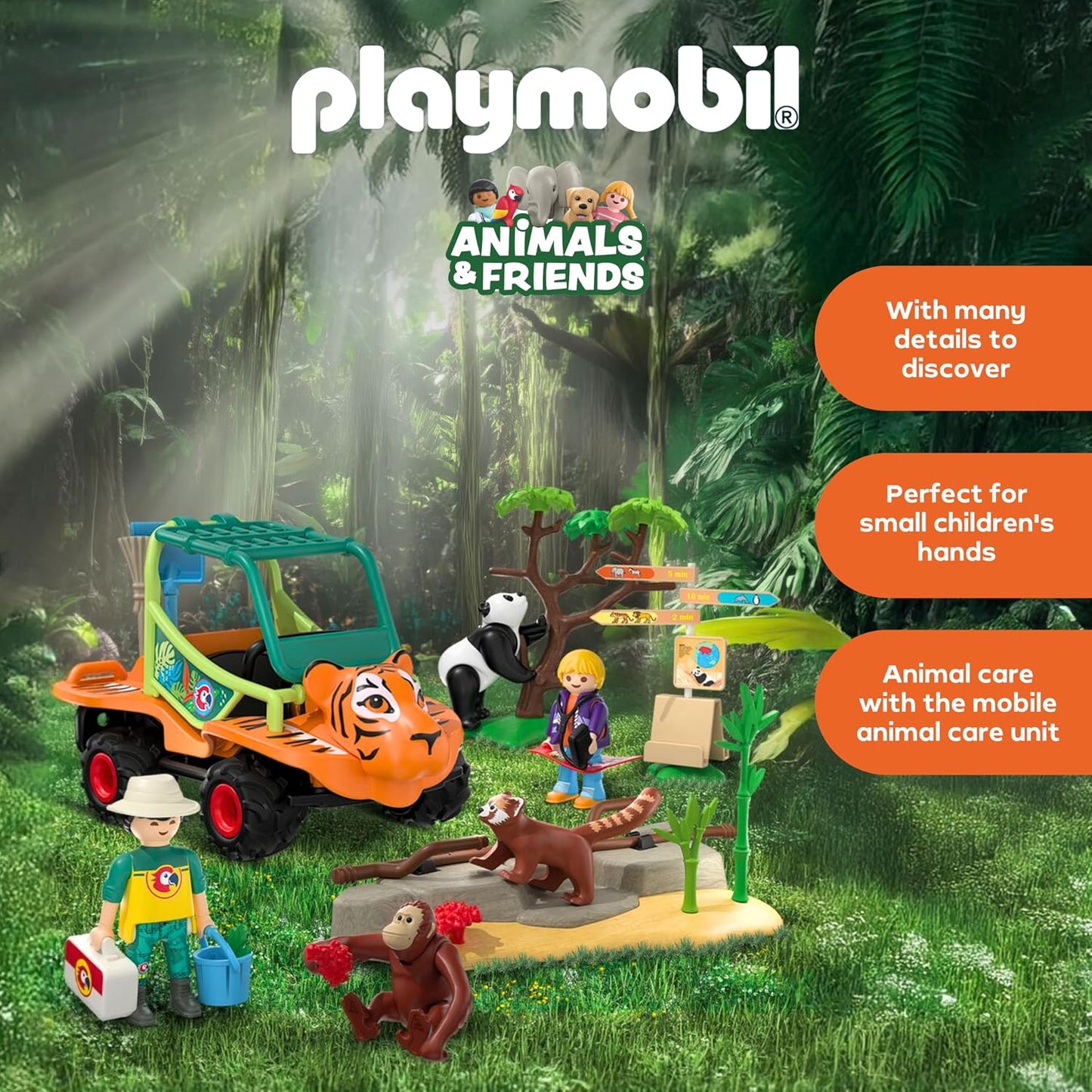 Playmobil | Animais e Amigos | Tratador de animais com veículo | Veículo com design de cabeça de tigre e 3 animais | Brinquedo infantil para crianças a partir de 4 anos | 72072