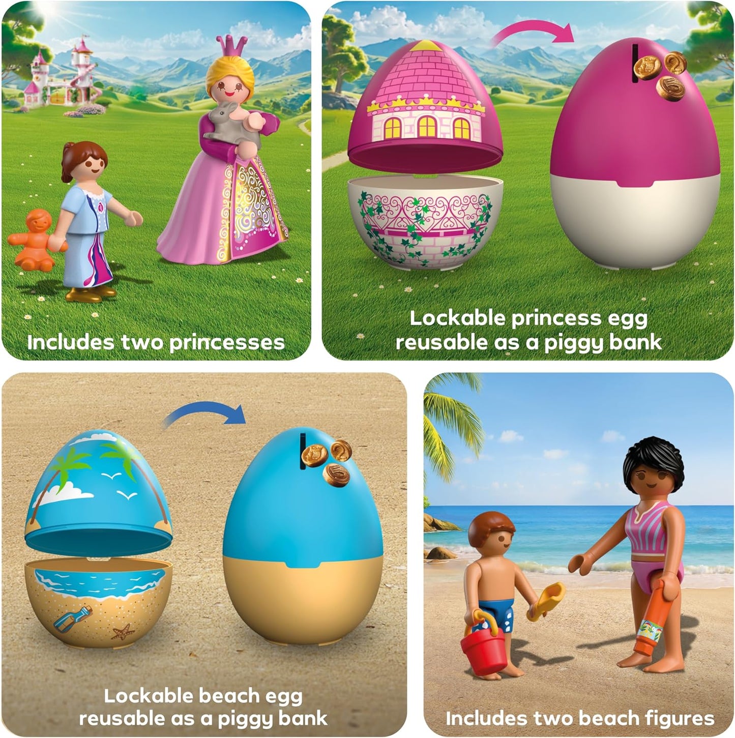 Playmobil Conjunto Play Egg Princesa e Praia | 2 Ovos Surpresa com Bonecos e Acessórios | Mini Mundos para Montar | Reutilizável como Cofre | Presente de Páscoa para Crianças a partir de 4 Anos | 210448