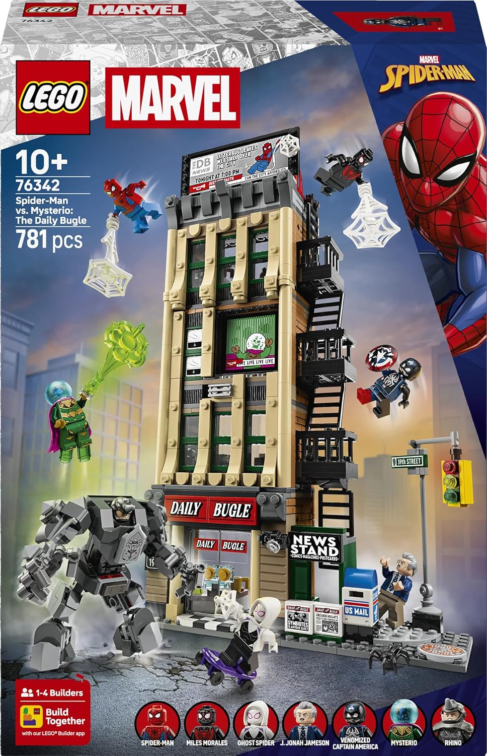 LEGO | Marvel Homem-Aranha vs. Mysterio: Prédio do Clarim Diário - Brinquedo de Super-Herói com Figura de Ação Mecânica e 7 Minifiguras - Presente de Aniversário para Meninos a partir de 10 Anos e Fãs do Filme - 76342