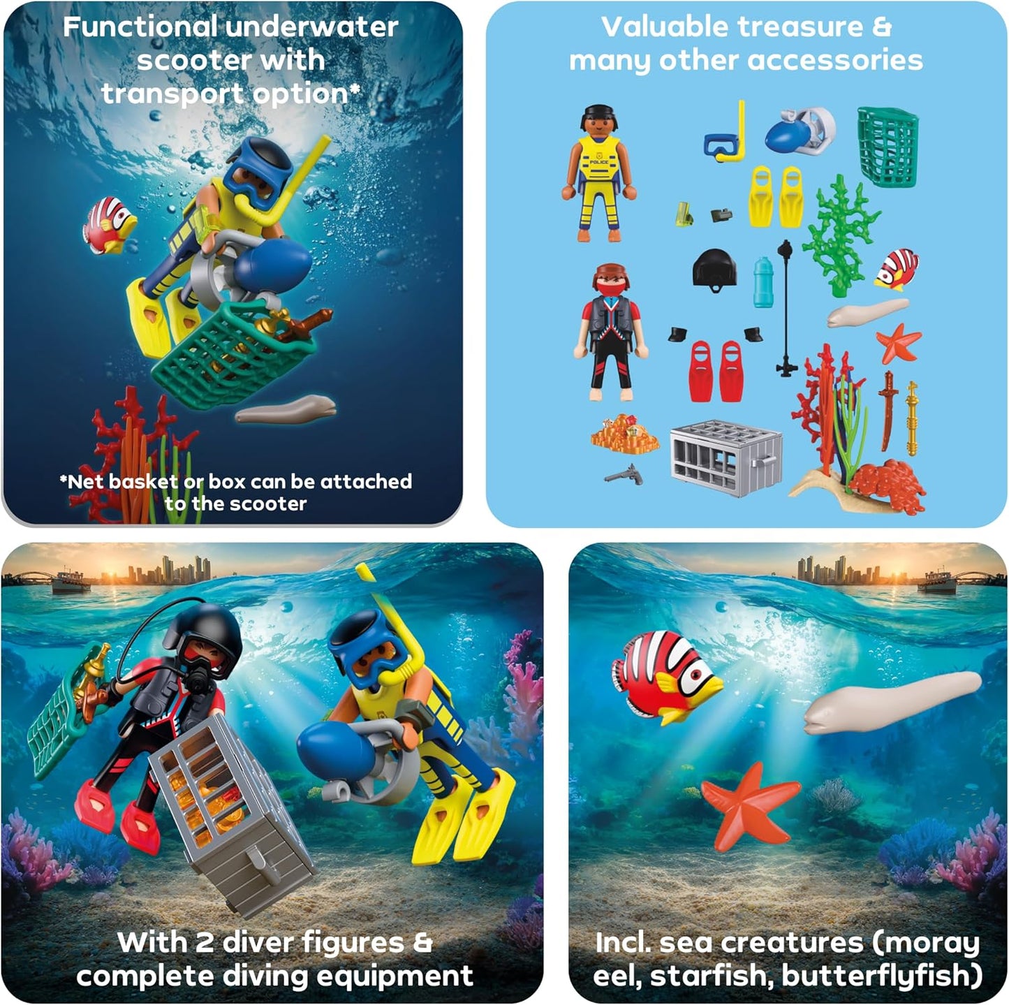 Playmobil City Action Policial Mergulhador com Tesouro, 2 Figuras, Scooter Subaquático e Criaturas Marinhas, Estimula a Criatividade, Brinquedo para Crianças a Partir de 4 Anos, 72078