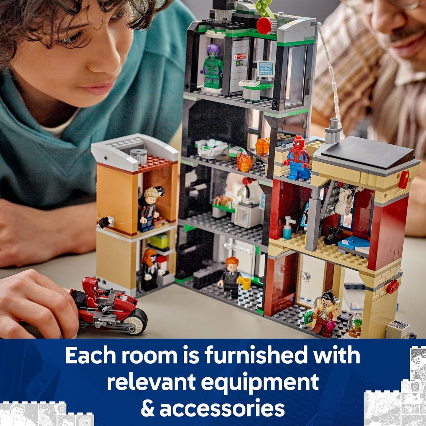 LEGO ǀ Marvel Homem-Aranha vs. Oscorp - Brinquedo interativo com uma moto, 8 minifiguras incluindo Miles Morales e Duende Verde - Presente colecionável de super-herói para meninos e fãs a partir de 10 anos - 76324