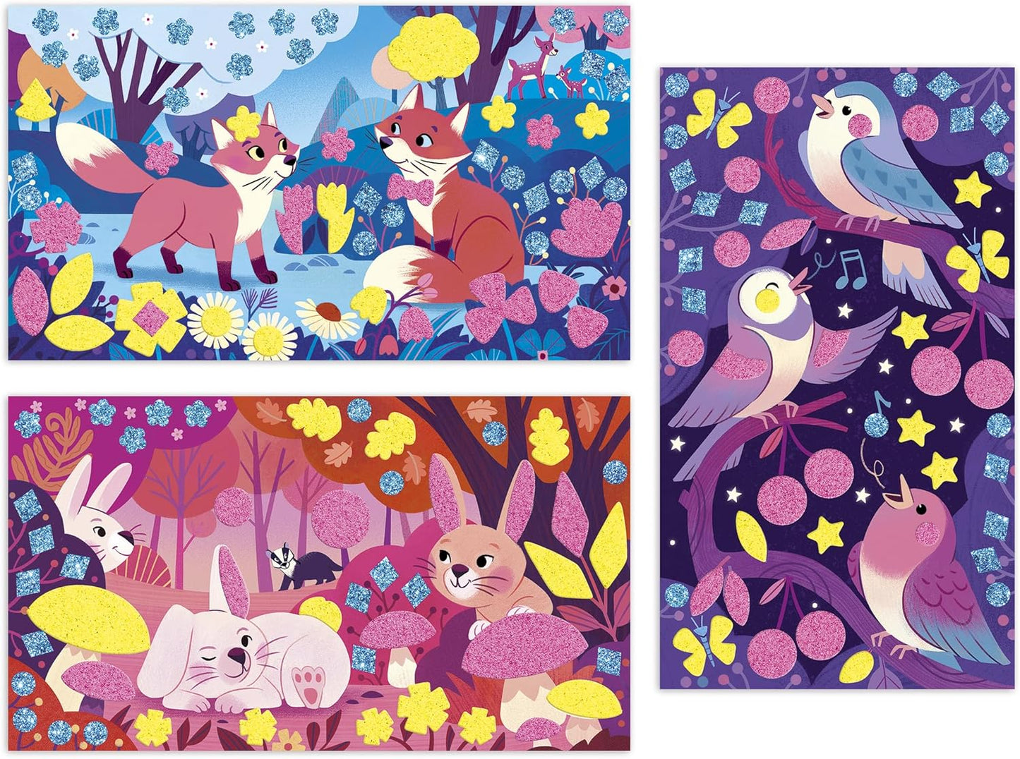 Janod - Adesivos de espuma e areia fluorescente - 3 quadros - Tema animais da floresta - Les Ateliers Du Calme - Kit de lazer criativo infantil - Concentração