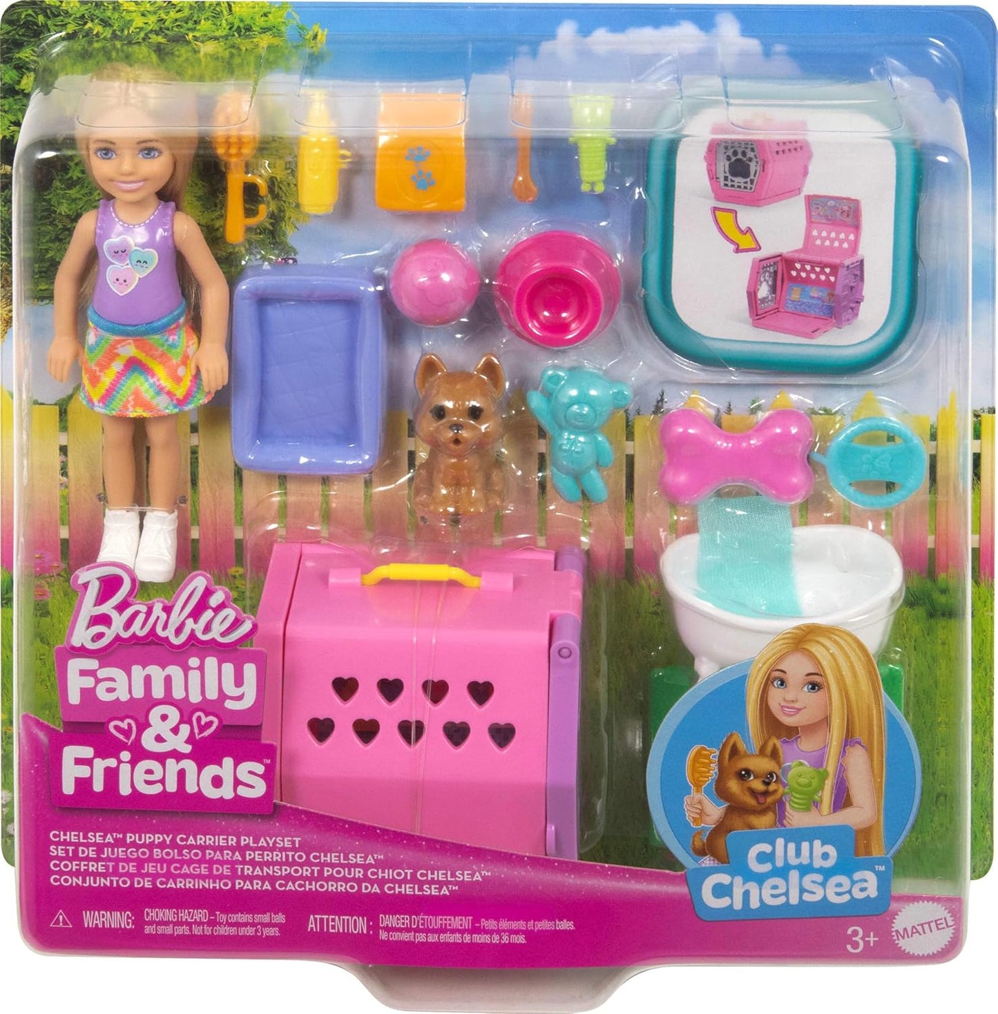 Barbie Conjunto de Brinquedo Chelsea® com Bolsa para Cachorrinho, Boneca Pequena Loira e Acessórios, Bolsa para Cachorrinho com Peças Temáticas de Cachorrinho, JDF89