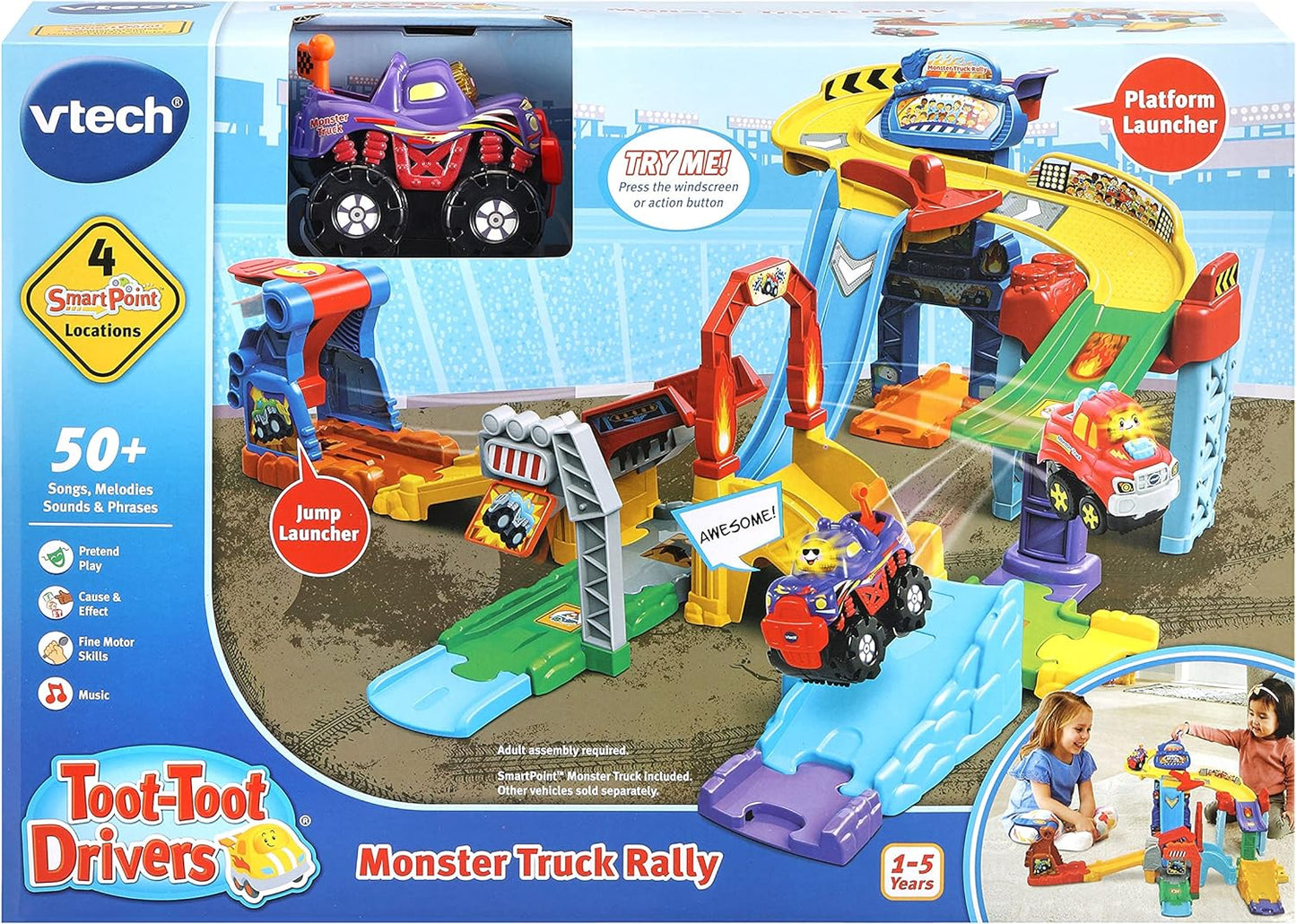 VTech Toot-Toot Drivers Monster Truck Rally, conjunto de jogos de veículos com Monster Truck incluído, luzes e sons, pista de corrida de brinquedo musical para crianças de 1, 2, 3, 4 e 5 anos, versão em inglês