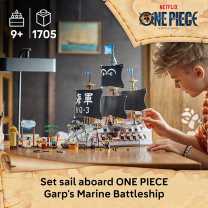 LEGO ONE PIECE Navio de Guerra da Marinha do Garp – Kit de Modelo de Barco com 8 Minifiguras (incluindo Zoro, Usopp e Nami) – Decoração para Quarto Infantil – Presente para Meninos, Meninas e Fãs a partir de 9 Anos – 75646