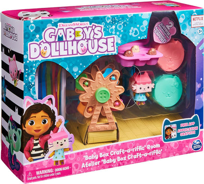 Gabby’s Dollhouse, Sala Baby Box Craft-A-Riffic com figura de gato Baby Box, acessórios, entregas de móveis e casas de bonecas, brinquedos infantis para maiores de 3 anos