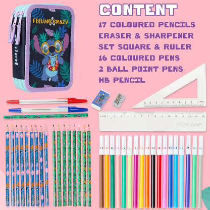 Disney Filled Pencil Case with Stationery for Kids, School Supplies Colouring Pencils, Markers - Gifts for Girls (Multi Stitch Triple Zip)