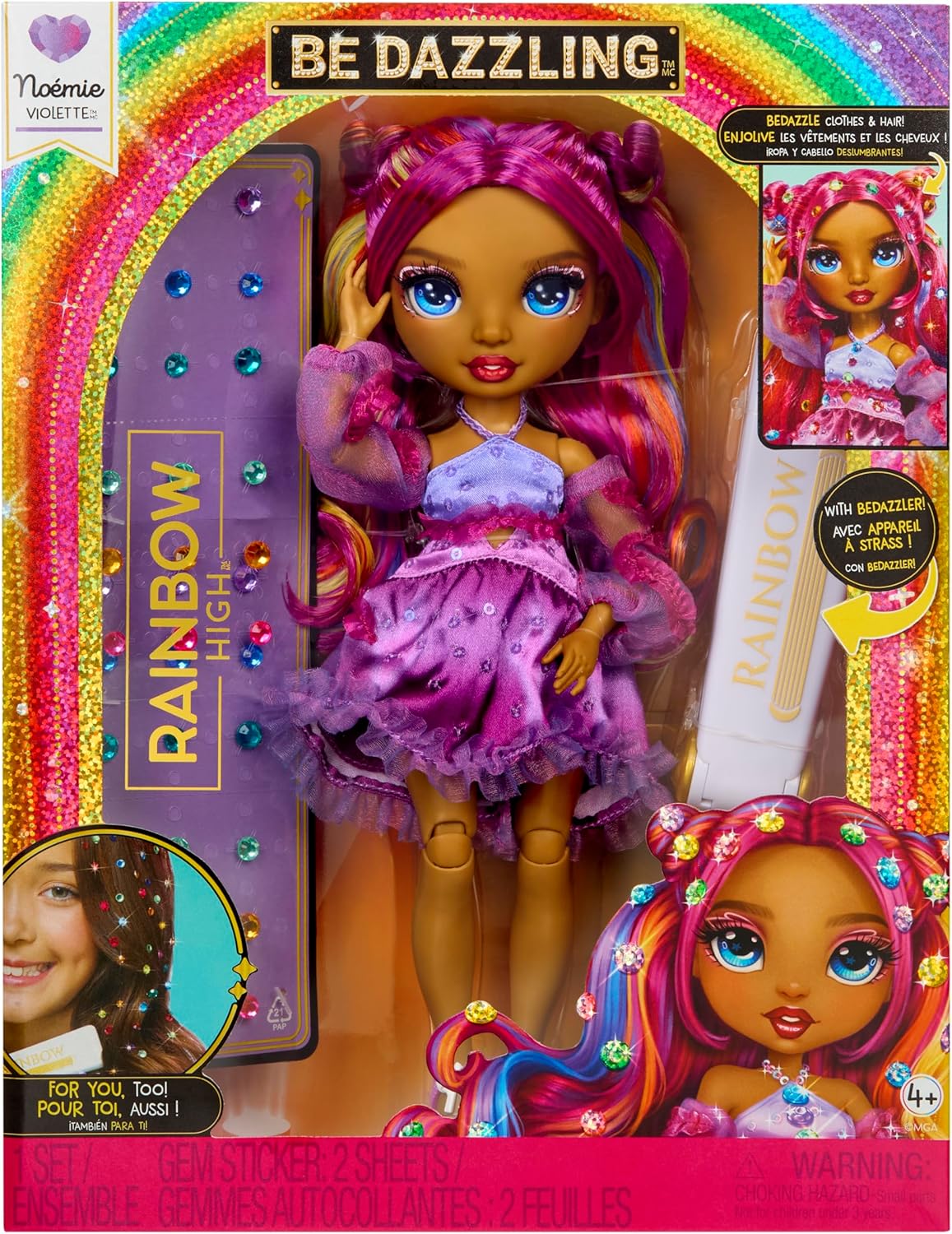 Rainbow High Be Dazzling - Noemie Violette - Boneca Fashion Roxa de 28cm com Ferramenta para Aplicar Brilho, Gemas Brilhantes e Acessórios de Estilo