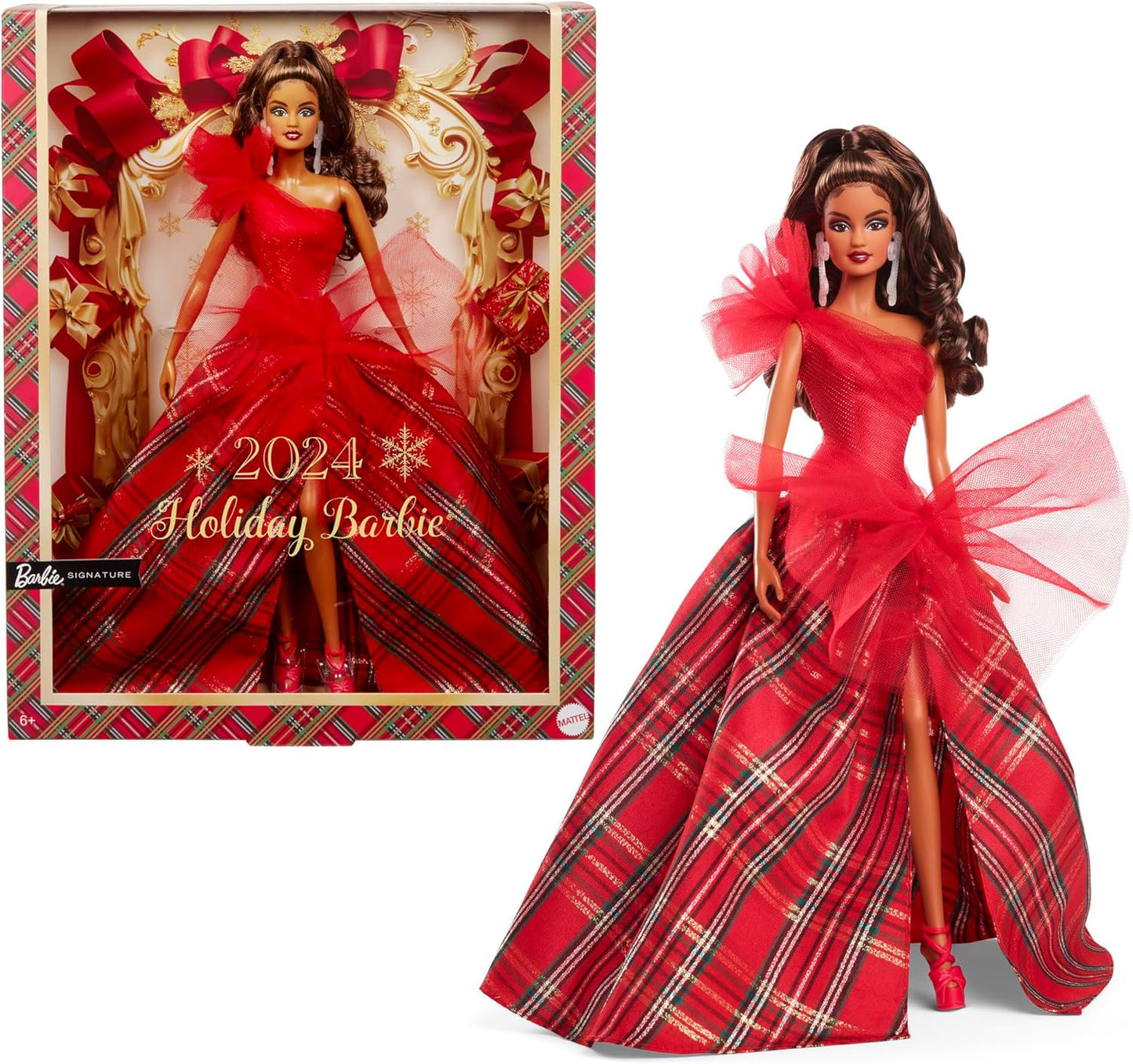 Barbie Bonecas 2024 Holiday, Presente de colecionador sazonal, Assinatura, Vestido xadrez com laço vermelho, Embalagem expositora, Cabelo castanho claro, HRM67