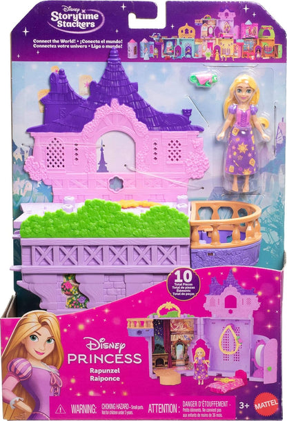 Mattel Conjunto de Brinquedo Casa de Bonecas Disney Princess Rapunzel Storytime Stackers da | Boneca pequena articulada da Rapunzel com saia removível, figura do animal Pascal e 7 acessórios; inspirado em "Enrolados" da Disney (JDP61)