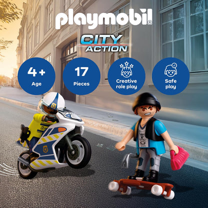 Playmobil City Action Perseguição Policial de Moto, Policial persegue ladrão de longboard, Estimula a criatividade, Brinquedo infantil para crianças a partir de 4 anos, 72079
