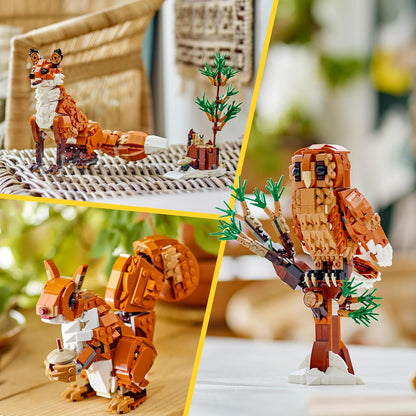 LEGO Criador de animais da floresta 3 em 1: brinquedo de raposa vermelha para figura de coruja para modelo de esquilo, brinquedos de animais da floresta para crianças, meninas e meninos de mais de 9 anos, faz uma decoração divertida de quarto,