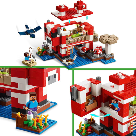 LEGO Minecraft The Mooshroom House Island Building Toy - Conjunto de brincadeira de simulação apresenta uma figura de Steve, mobs e uma mesa de artesanato - presente de aniversário para meninas e meninos de mais de 8 anos
