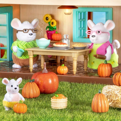 Li'l Woodzeez WZ6710Z Li'l Woodzeez - Familia de ratones Nibblekin con abuelos - Juego de 7 piezas con figuras en miniatura - Juguetes y accesorios de animales para niños a partir de 3 años