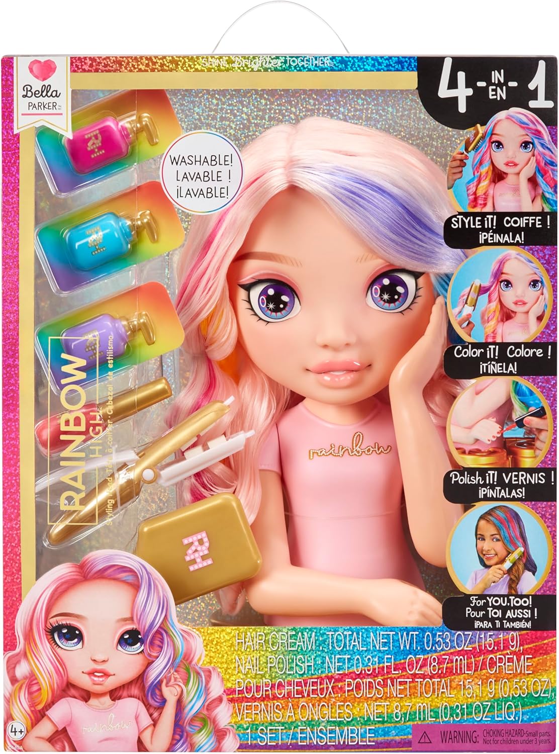 Cabeça de Pentear Rainbow High - 33 cm Bella - Conjunto 4 em 1 com Cremes de Cabelo Laváveis, Esmalte, Escova e Pincel para Colorir o Cabelo. Penteie, pinte e lustre. Repita o processo. Para crianças de 4 a 12 anos.