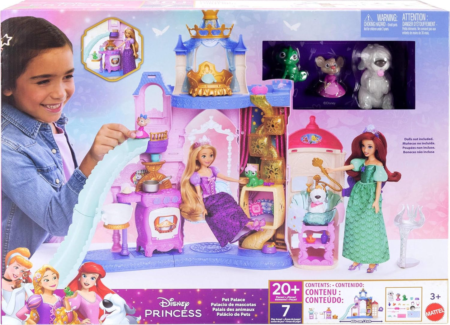 Mattel Conjunto de Brinquedo Castelo dos Pets das Princesas Disney , com mais de 60 cm de altura | 7 áreas de brincar, 3 figuras de animais, móveis e 17 acessórios, Casa de Bonecas Palácio dos Pets, inspirado nos filmes da Disney, JBF96