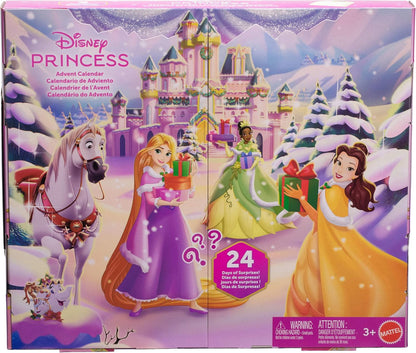 Mattel Calendário do Advento Disney Princess da com Bonecas Rapunzel, Tiana e Bela | 24 Dias de Surpresas: 3 Bonecas Pequenas com Visuais de Inverno, 3 Figuras de Personagens, 6 Looks e 16 Acessórios, JFG79